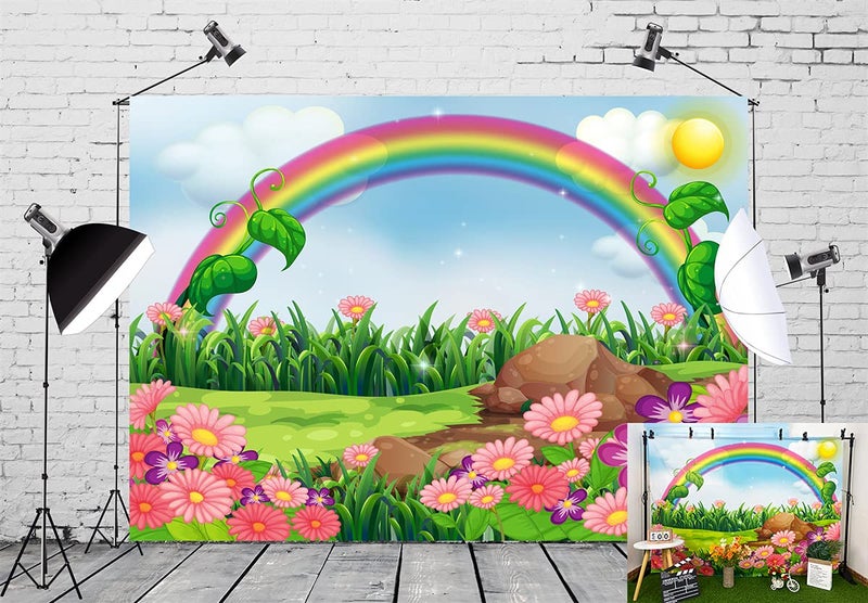BELECO 7x5ft Fabric Rainbow and Sun Backdrop Enchanting Flowers Garden with Rainbow Cartoon Spring Photography Backdrop for Party Decoration Birthday Kids Boy Girl Baby Shower Photoshoot Photo Props - Image 3